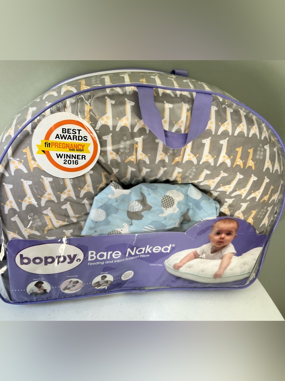Boppy Bare Naked Feeding & Infant Support Pillow w/ 2 Covers Giraffe, Elephant
